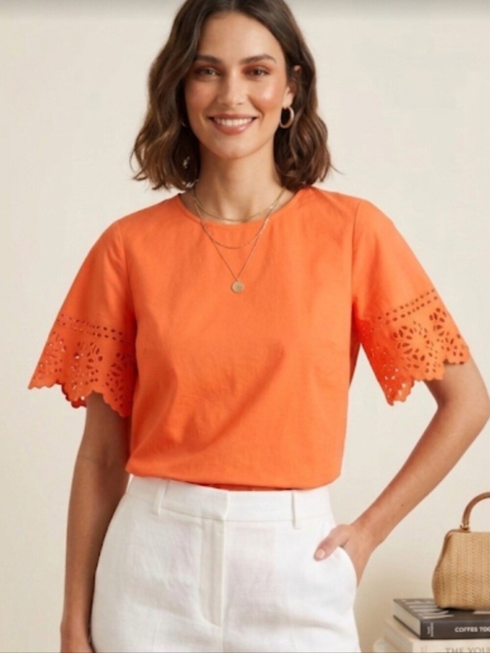 J. CREW Bright Orange Round Neck Eyelet Flutter Sleeve Blouse Size S LIKE NEW